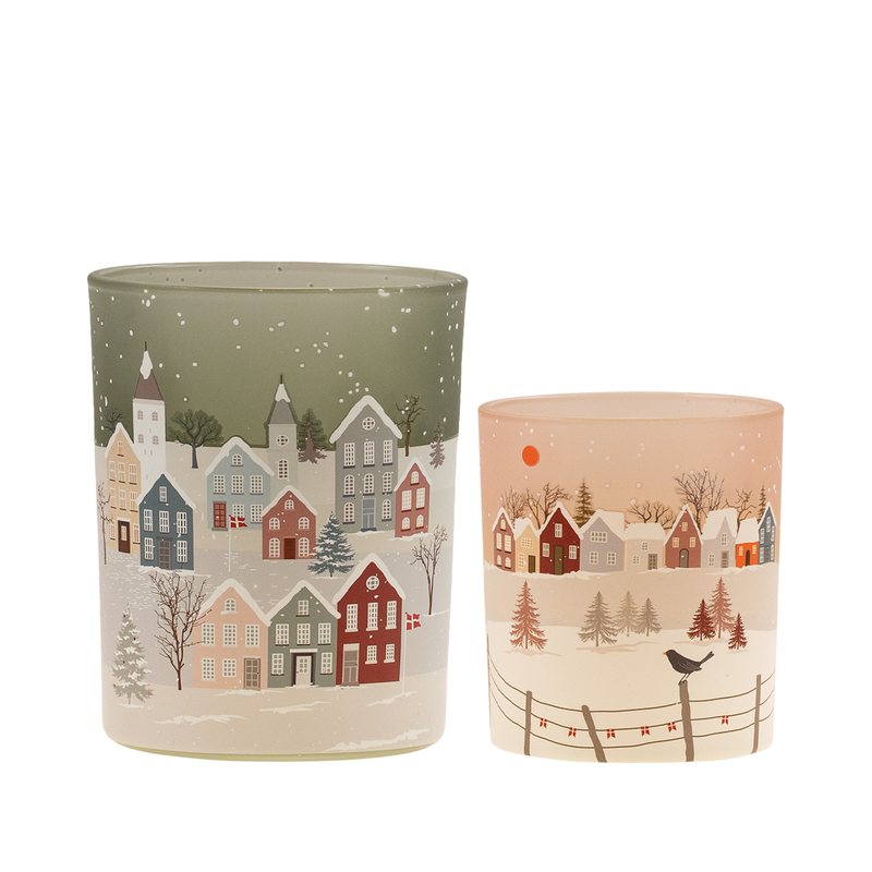 Cozy Winter fyrfadsstager med julemotiv glas blå/pink 2 pak