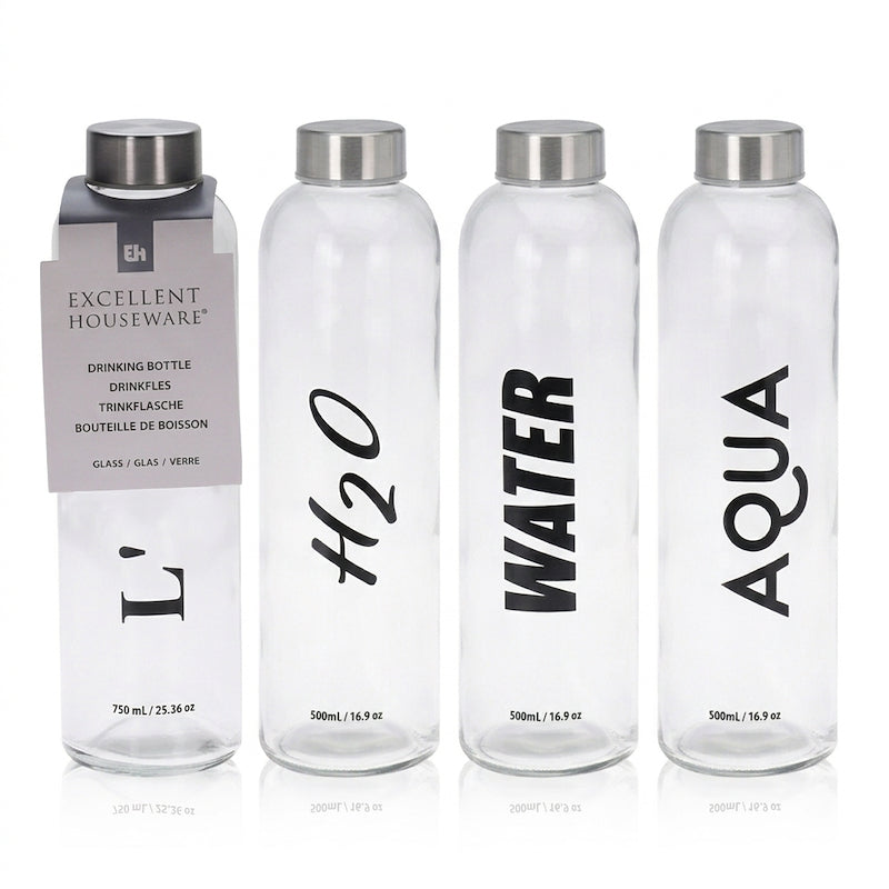 1 stk Drikkeflaske i glas 750 ml - 4 assorterede varianter - vi kan ikke garantere hvilken den afsendes