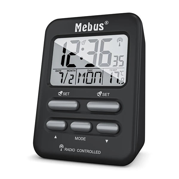 Mebus Digitalt Vækkeur m/Indendørs Termometer - Sort