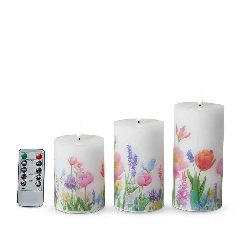 LED Bloklys med tulipanprint sæt med 3 stk. inkl. fjernbetjening