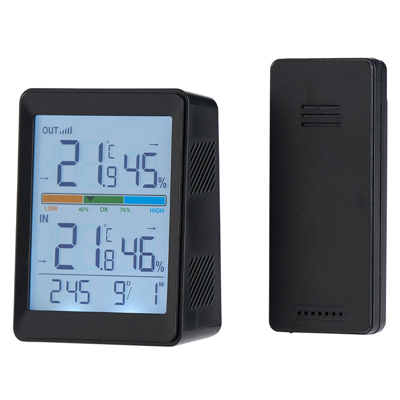 Digitalt inde- og ude termometer trådløst med sensor sort