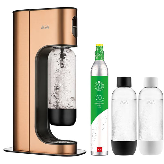 AGA Exclusive danskvandsmaskine inklusiv 2 flasker og 1 kulsyrepatron kobber