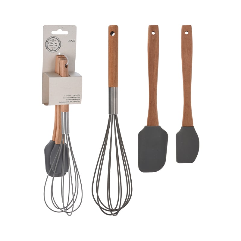 Køkkenredskaber sæt grå træ 3 stk