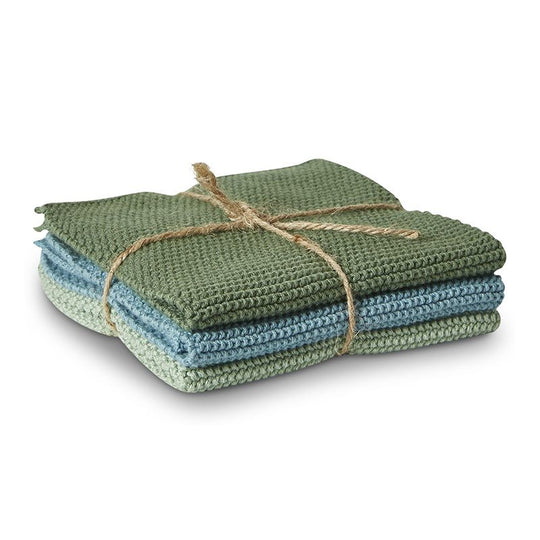 Strikket Karklud 25x25cm, 3 stk. Grøn/Blå