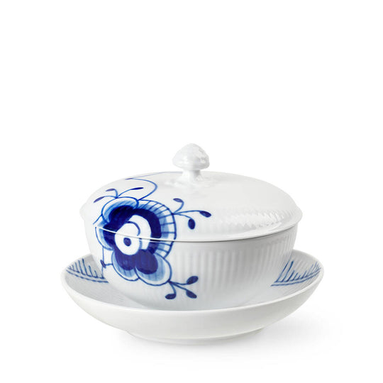 Royal Copenhagen Blå Mega Riflet Skål Med Låg Og Underkop - 38 cl