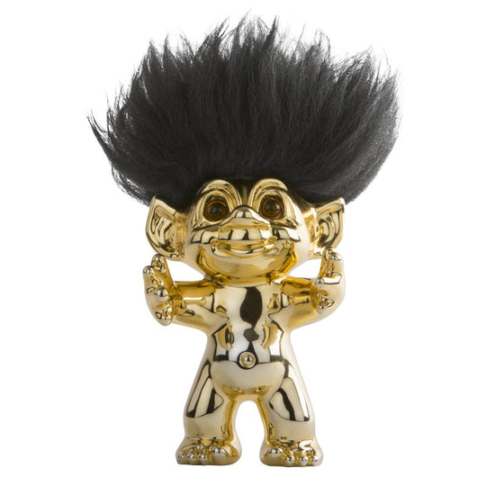 Lykketrold troldefar messing med sort hår 12 cm