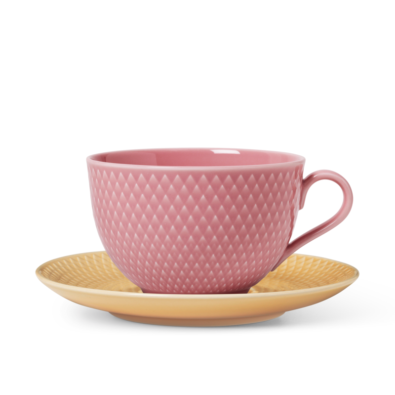 Lyngby Porcelæn Rhombe Color tekop med underkop - Rosa/sand 39 cl