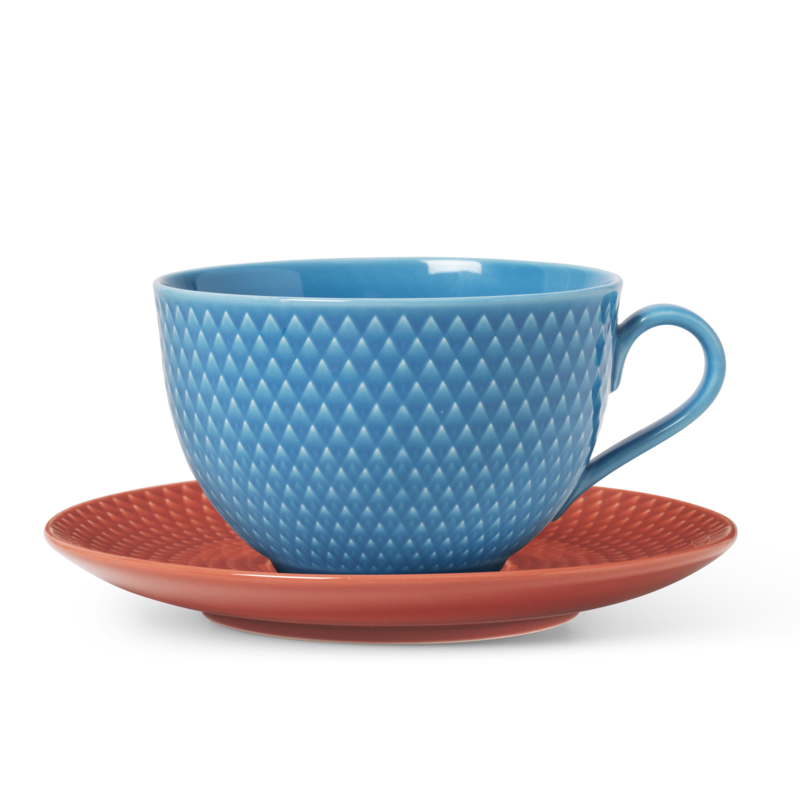 Lyngby Porcelæn Rhombe Color tekop med underkop - Blå/terracotta 39 cl