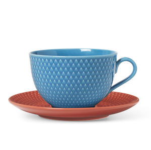 Lyngby Porcelæn Rhombe Color tekop med underkop - Blå/terracotta 39 cl