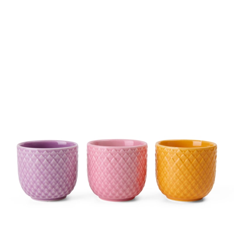 Lyngby Porcelæn Rhombe Color æggebæger 3 stk. - Gul/rosa/lilla Ø5 cm