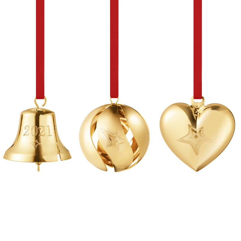 Georg Jensen 2021 juleklokke, julehjerte og julekugle forgyldt