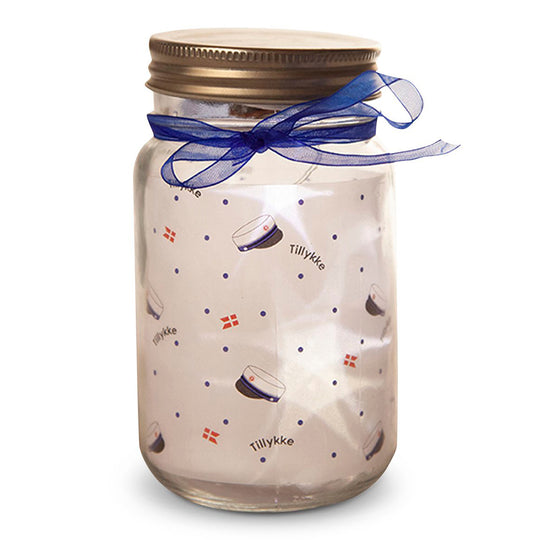 Det Gamle Apotek glas med LED lys og blå studenterhue